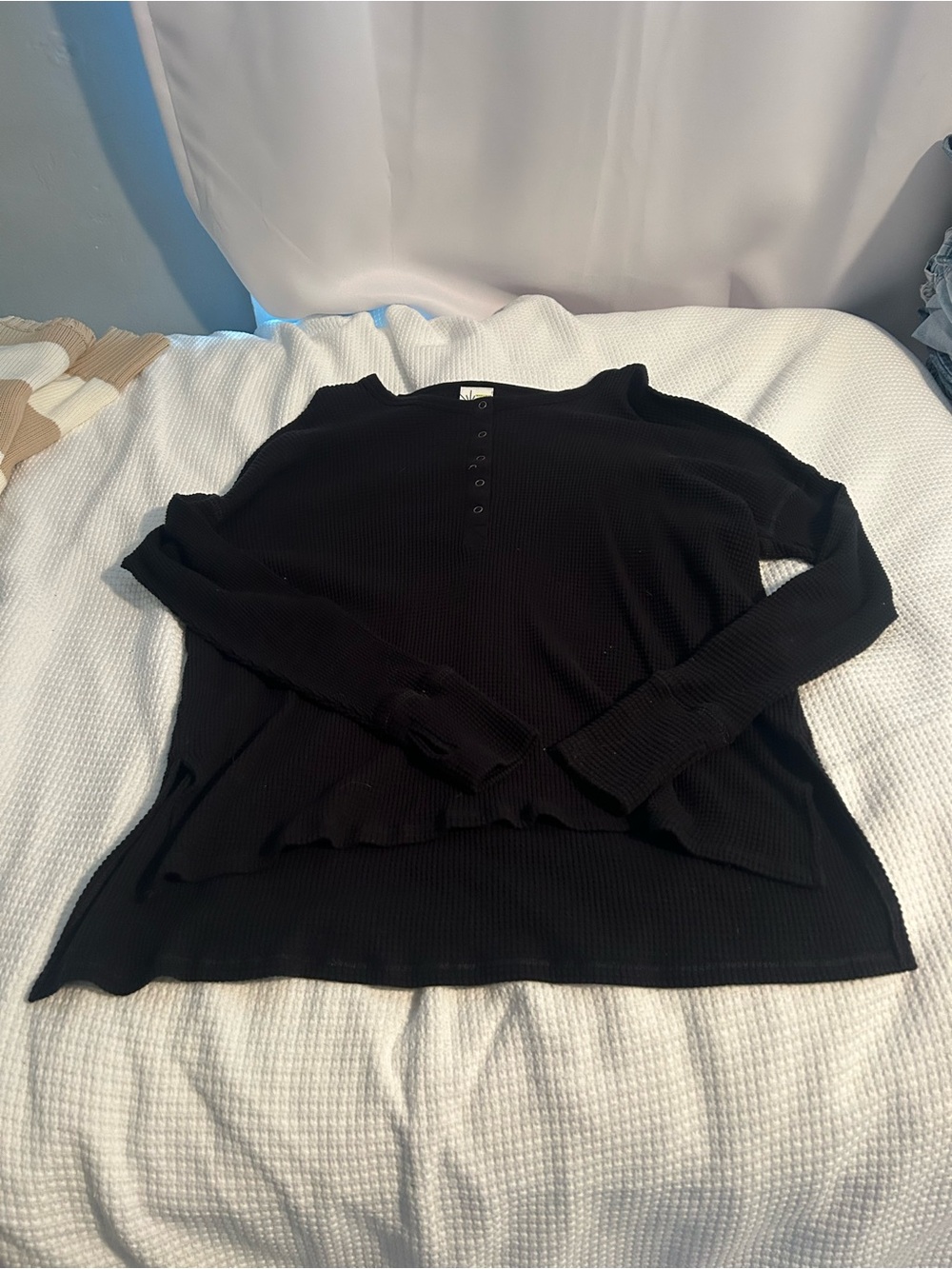 aerie Black Ribbed Henley Long-Sleeve Sweater